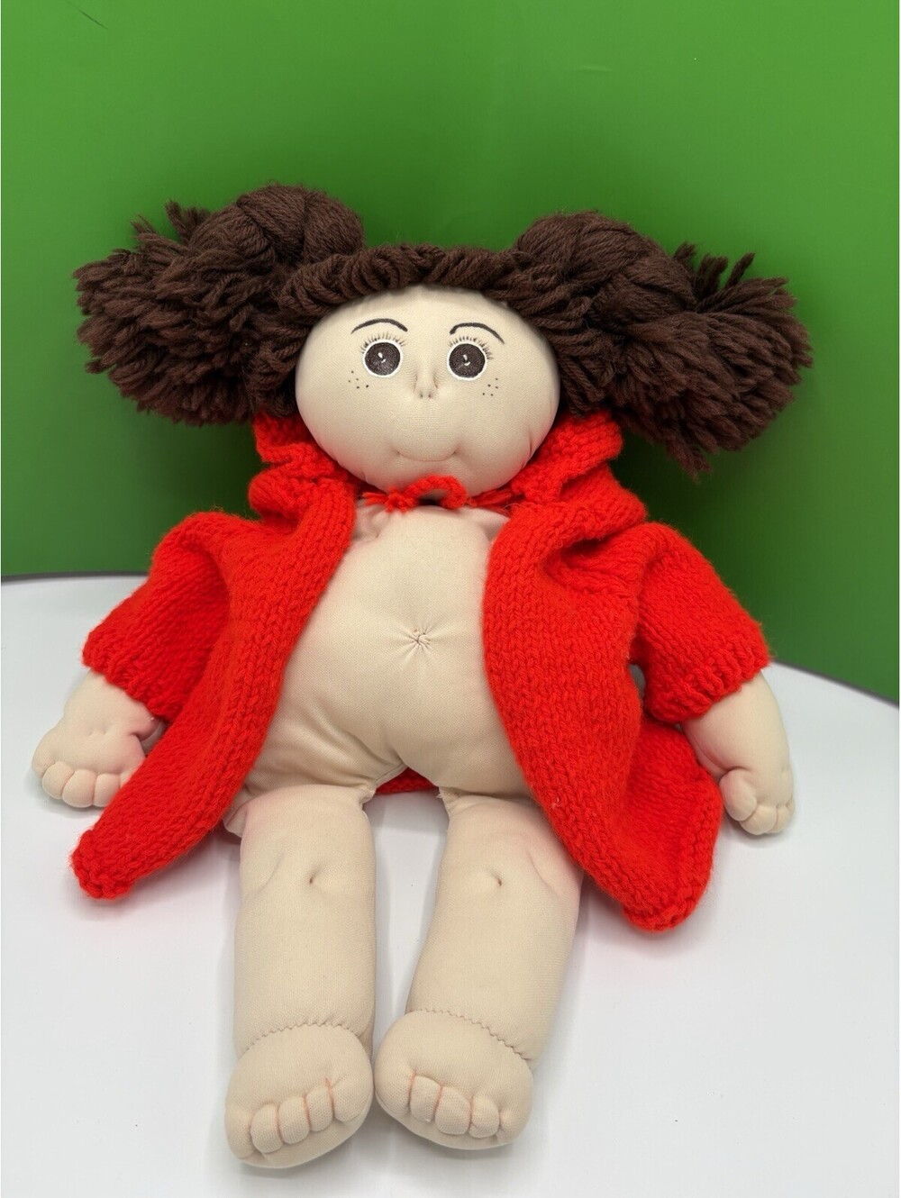 Vintage Handmade 1980’s Soft Sculpture Doll 18” Brown Yarn Hair Red Knit Sweater